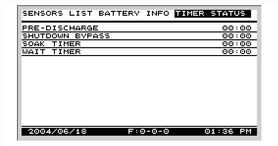 / GROUND FAULT status screen or the TIMER STATUS screen as shown below. In the BATTERY INFO screen the upper portion of the screen displays the actual battery voltage, current and size.