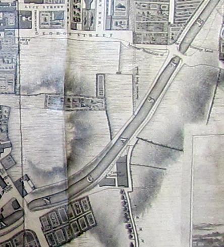 Detail from Binns 1821 map (Lancaster Library) Packet boats provided transport along the canal; a packet station on the south bank between White Cross Mill and Penny Street Bridge operated between