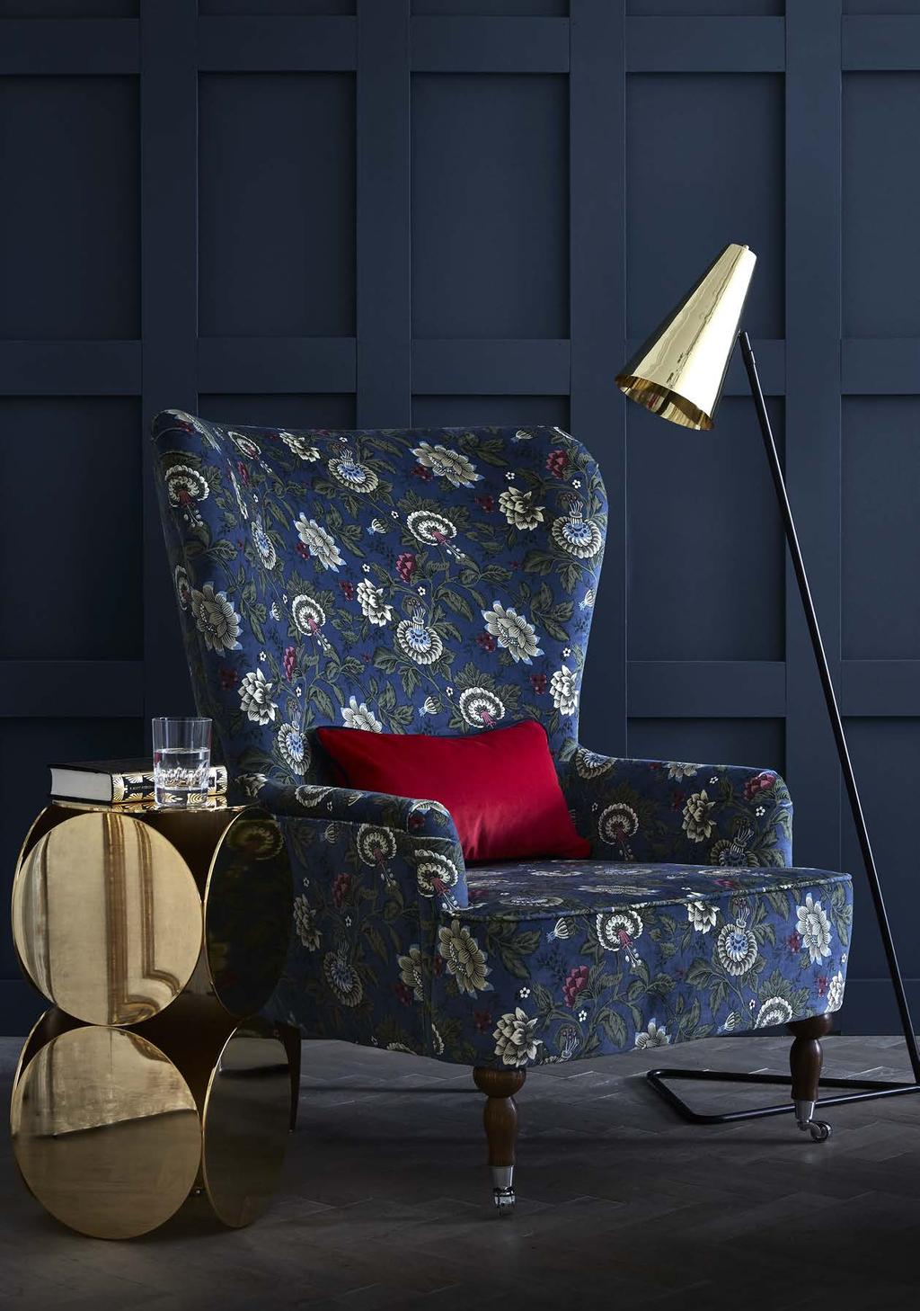 TONQUIN VELVET A sumptuous natural cotton velvet printed in two contemporary colour stories: teal with grey, and a rich indigo with mossy green detailing.