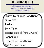 Fig. 4.2 1 Functions menu of the IFS7002 object 2. Zone (Fig. 4.2 2); 3. Fire alarm box (Fig. 4.2 3). Fig. 4.2 2 Functions menu of the Zone object Fig. 4.2 3 Functions menu of the Fire alarm box object Сontrol commands of the Unipos FSA are presented here (Table 4.