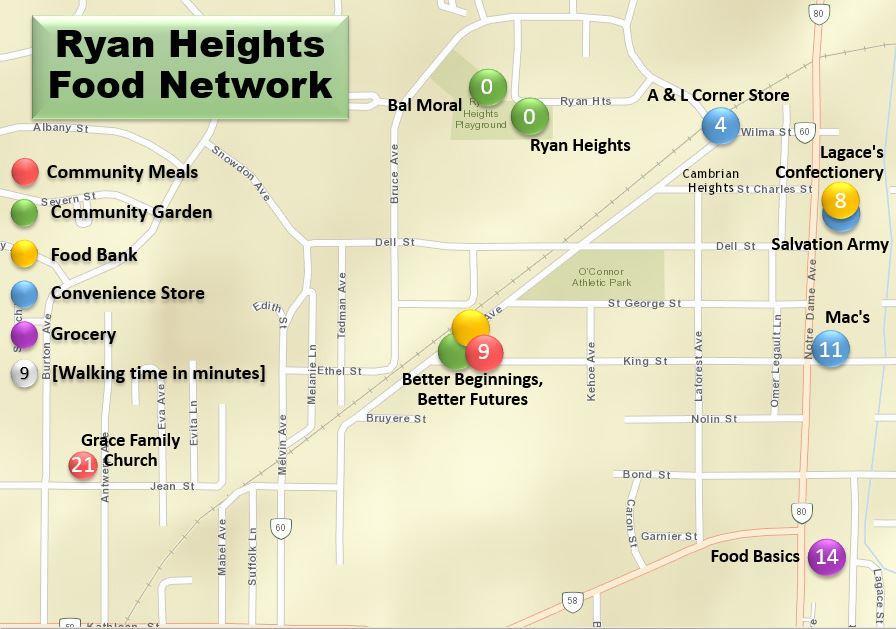 Food Options for residents in Ryan Heights Area The image above demonstrates the food options available to those living in the Ryan Heights neighbourhood, with the distance in walking minutes to each