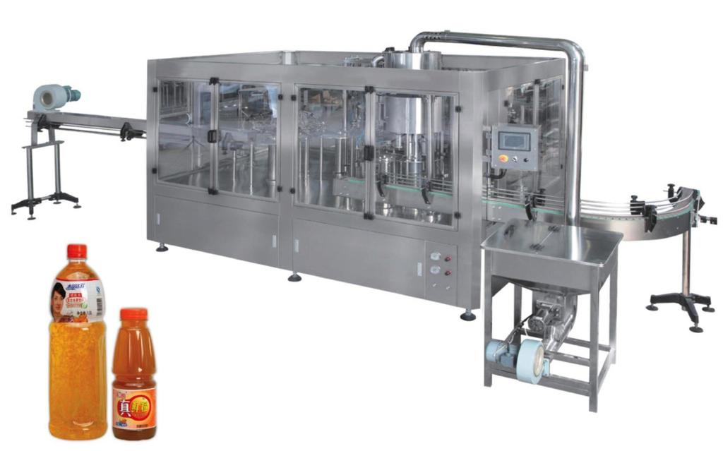 Washing and Pulp Filling And Capping 4-in-1 Mono Block Pulp hot filling equipment adopts bottle neck holding transmission technology to realize fully automatic bottle rinsing, pulp filling, juice
