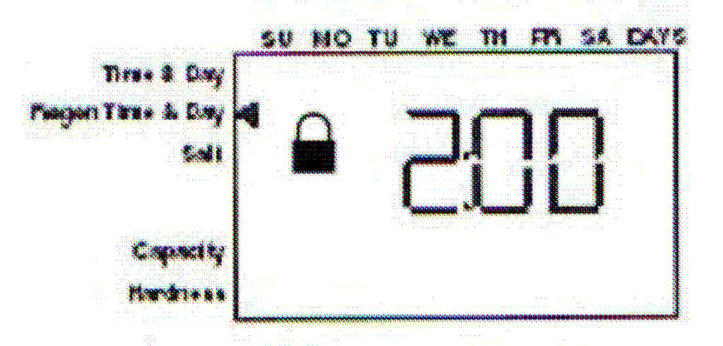 Once the power to the machine has been switched on the display will show 3 lines as shown, on occasions the machine display may flash between time and regeneration.
