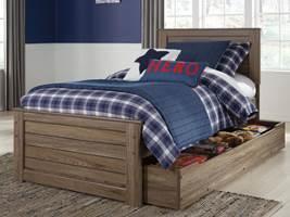 B171 Javarin Sophisticated warm gray vintage finish with white wax effect over replicated oak grain Rolling trundle storage box enables the option of storage or twin mattress Group offers night