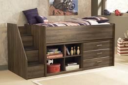 group in an aged brown rough sawn finish over replicated oak grain that gives it a reclaimed wood look Substantial sized warm pewter color drawer handles King and queen beds also available (see adult