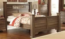 both sides of queen poster bed B216 Allymore Vintage aged brown rough sawn finish over replicated oak grain Decorative vine inserts in a warm