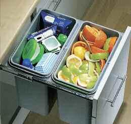Three bins, 50 litre capacity. BLANCOSELECT BOTTON AUTO UND/512 296 Fix to cabinet base and door. Bins automatically open with cabinet door.