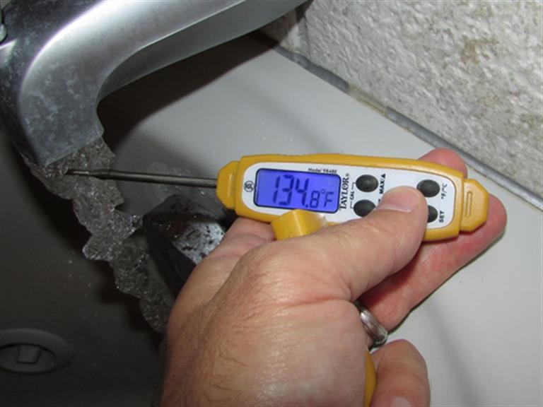 For more information on this topic, click here: Why The Relief Valve at the Water Heater is Leaking (2) The hot water coming out of the faucets was measured at approximately 135 degrees, which can