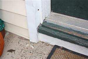 Eventual leakage past door and siding will occur if not repaired. I recommend a qualified contractor inspect and repair as needed. 1.