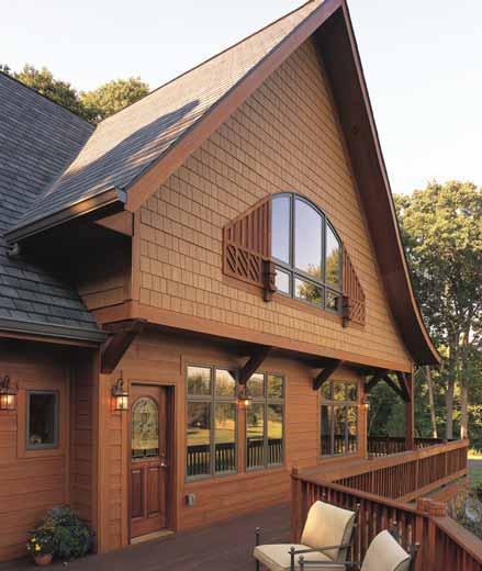 The combination of WeatherBoards Lap Siding pre-stained in Redwood and Random Square Straight Edge Shapes