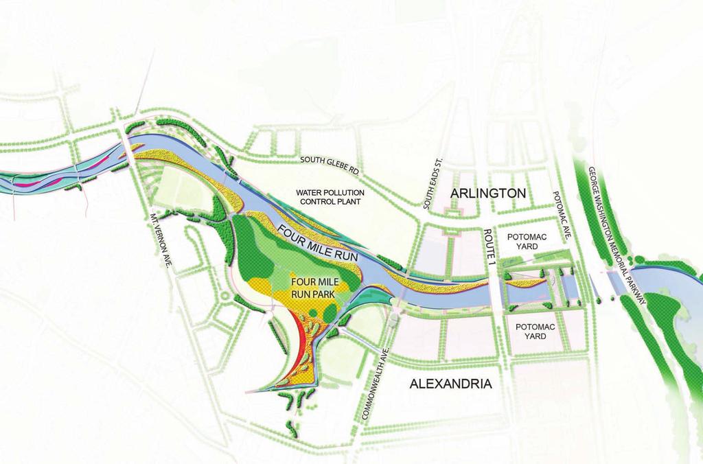 This diagrammatic map from the Four Mile Run Restoration Master Plan shows possible locations of restoration planting