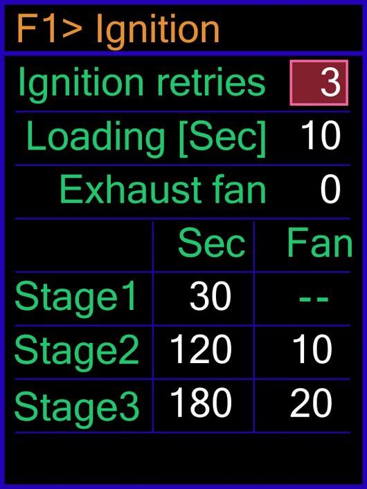 Set the duration of the cleaning cycles by setting the active time for the main fan and the FC output for the procedures before ignition (row Start), after extinction (row Stop) and in case of an