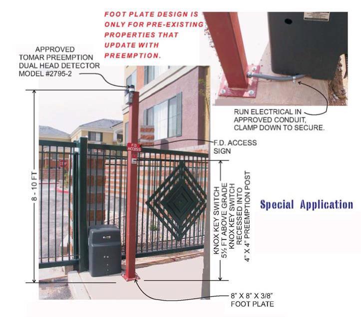 SPECIAL APPLICATION FOR RETROFITTING WITH PREEMPTION See Chapter 3-7 for sign detail Knox Key Switch ELEVATION DETAIL NOTES: 1. Each automatic gate shall have two detectors. 2.