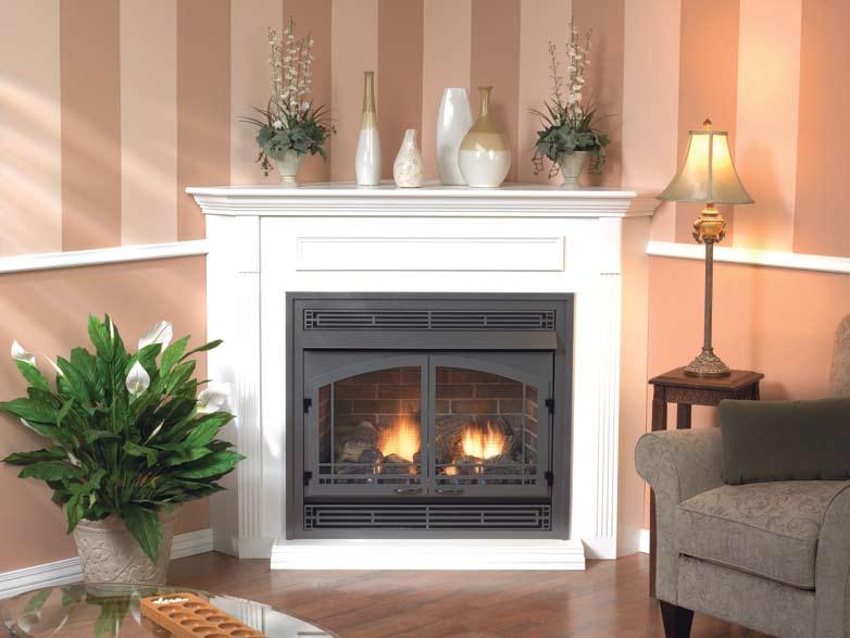 Vail Series Vail 36 in a White Standard Corner Mantel with Base, trimmed with Hammered Pewter Mission Decorative Accessories and Optional Ceramic Aged Brick Liner Vail Premium 32 and 36 Models