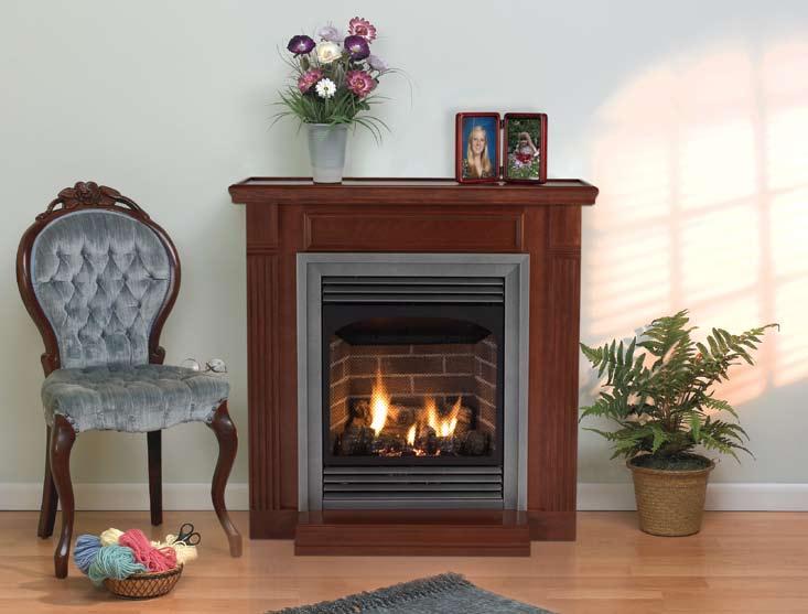 Vail 24 Fireplace System with Optional Ceramic Aged Brick Liner, Cherry Mantel, Hammered Pewter Frame and Bottom Trim Vail 24 a full-featured fireplace for smaller spaces The Vail 24 delivers the