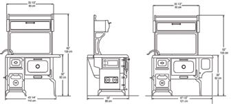 2602 - no reservoir 2603 - reservoir Weight: 432 lbs 475 lbs Flue size: 6 Cooking surface dimensions: 29 1/2 x 21 Oven size: 1.7 cu. ft. Heating capacity: 35, 000 BTU/hr heat output - 800 to 1500 sq.