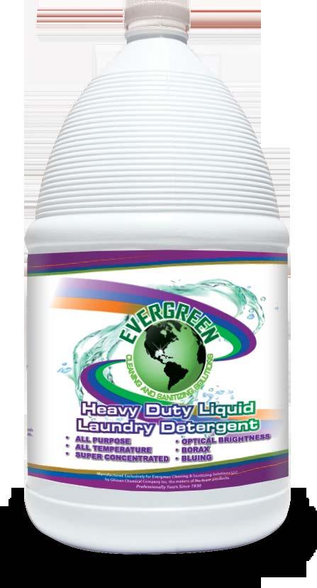Evergreen Heavy Duty Liquid & Powder Laundry Detergent (Developed expressly for the Food Service Industry) Removes fat, grease, gravy and vegetable food colours and all other restaurant related soils