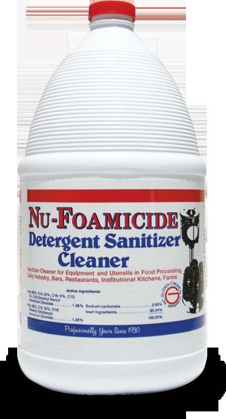 Nu-Foam Nu-Foamicide (This concentrate is specifically formulated as a sanitizer and cleaner combination) Wash and rinse in one operation when used with any under bar electric glass washing machine