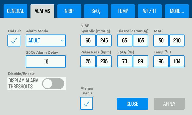Alarms Settings The Alarms tab in the Settings menu allows users to set the upper and lower thresholds that will activate an alarm state.