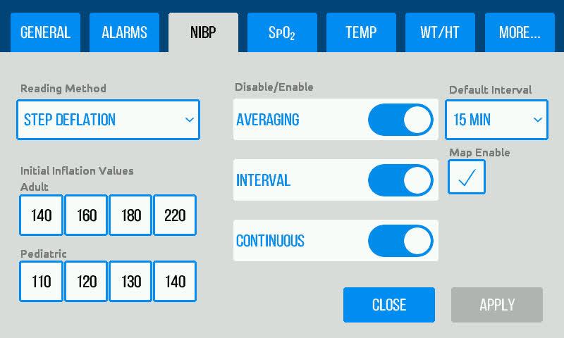NIBP Settings The NIBP tab in the Settings menu allows users to select the NIBP reading method, disable/enable NIBP modes and displayed on the Main Screen, and set the default interval time between
