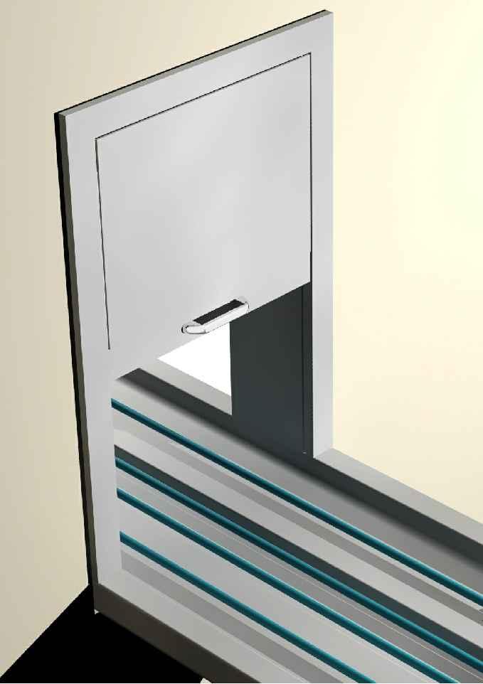 F.F. 1/2" 2" Slide-Up Door Slide-Up door to be of double wall 18 gauge stainless steel and sound deadened. Size as detailed on plan.