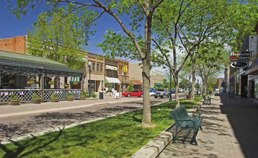Street trees in planting areas combined with parallel parking provide a safer and more comfortable environment for pedestrians.