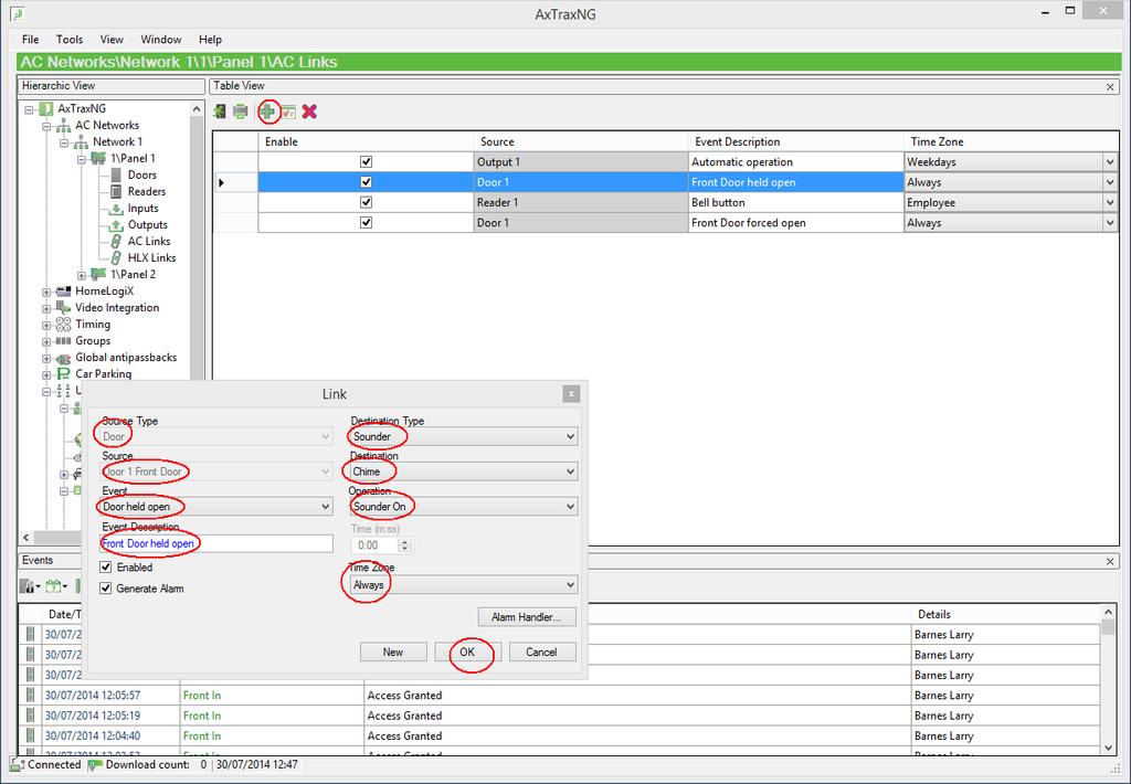 To create an AC Link, expand AC Networks, Network 1, Panel 1 and select AC Links Click the green + to create a new AC Link.
