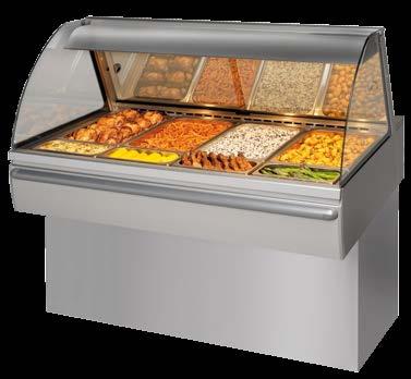 Mouthwatering display Hot Deli 4 The Hot Deli curved merchandisers are available in 3, 4 and 5 pan sizes. It can be built-in into existing counters or installed on a matching floor-mounted stand.