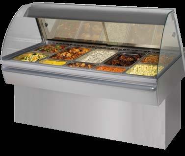 Mouthwatering display Hot Deli 5 The Hot Deli curved merchandisers are available in 3, 4 and 5 pan sizes. It can be built-in into existing counters or installed on a matching floor-mounted stand.