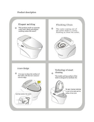 PRODUCT DESCRIPTION ELEGANT MOULDING No separate water tank means sleek, elegant moulding and efficient design. FLUSHING CLEAN Powerful, warm water flushing cleans the toilet with every flush.