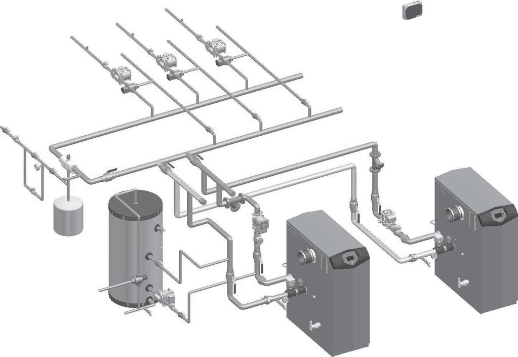6 Hydronic piping (continued) Figure 6-9 Multiple Boilers - Multiple Temperatures Number of Units Model 2 3 4 5 6 7 8 Manifold Pipe Sizes in Inches (mm) 400 2 1/2 (64) 3 (76) 3 1/2 (89) 4 (102) 4