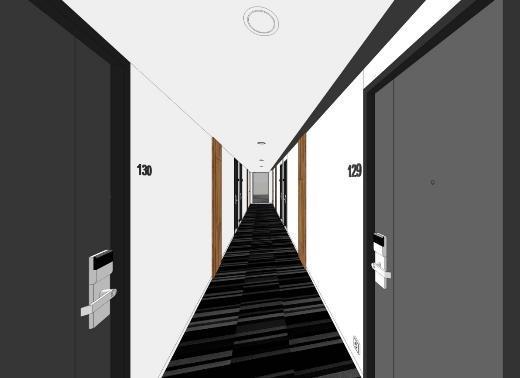 Room Corridor Minimum 220cm Down light Guest Room Door & Shaft Door Natural Light & Fresh air Shaft Door (HPL finish) Electrical Outlet (@6m) Minimum 150cm Carpet Tiles Skirting Corridors need to be