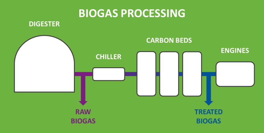 Raw biogas from the digester is upgraded using a series of activated carbon beds before it is fed to gas turbines.