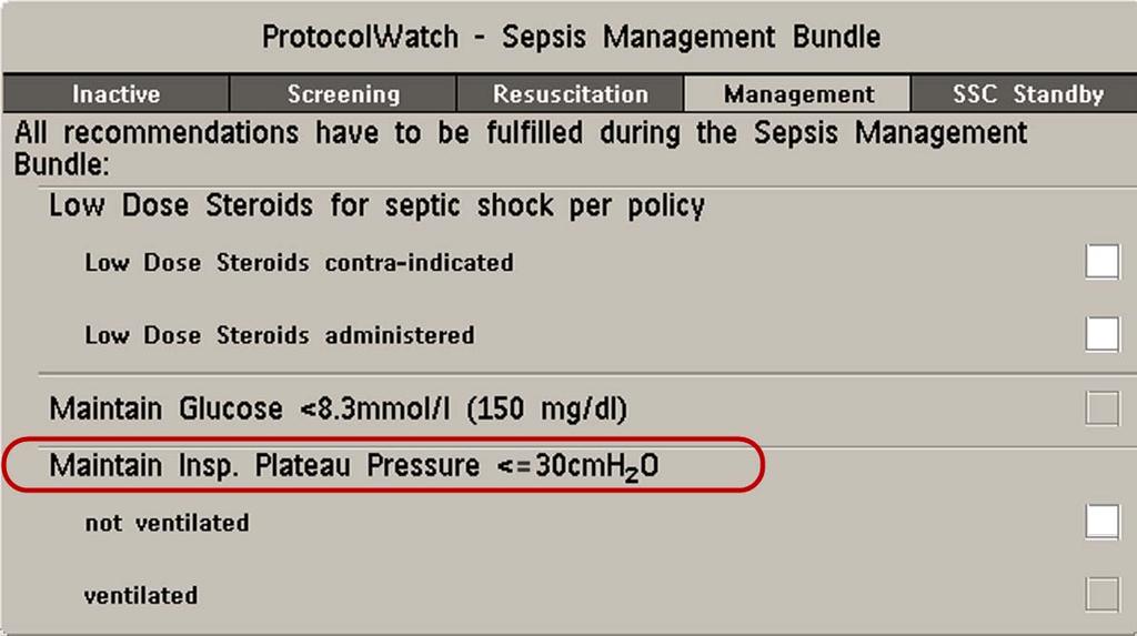Plateau Pressure <=30cmH 2 O The boxes for Maintain Glucose <8.3mmol/l (150 mg/dl) and Maintain Insp.