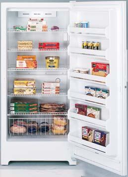 Upright and Chest Freezers GE Frost-Free Upright Freezers Adjustable temperature control Slide-out bulk storage basket Interior light Lock Limited food loss warranty Available in white only FUF20DPWH