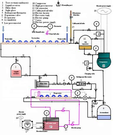 (1). The refrigerant flows over an oil separator (12) before entering the condenser to ensure that the refrigerant is not contaminated by the lubricating oil used in the compressor.
