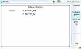 Fig. 88 Software Options page Services Data page This page allows to display information about the elements inside the FiberXpert OTDR 5000 (CPU, Memory, hardware revision, screen