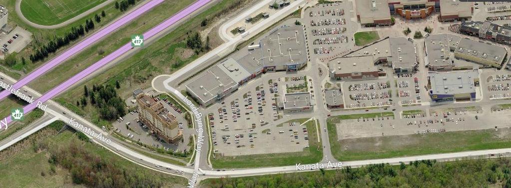 The Kanata Centrum and Holiday Inn Hotel currently occupy the lands on the south side of Kanata Avenue.