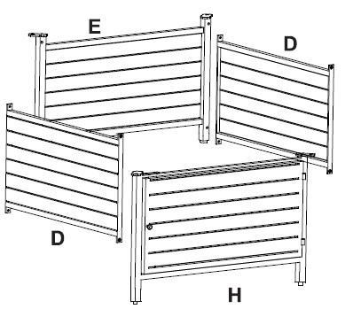 ASSEMBLY NOTE: It is best to use TWO PEOPLE for assembly of this gas fire pit. 1. Connect Side Panels (D) with Back Panel (E) and Door Panel (H) using 8 Bolts(6*18mm)/Washers (M).