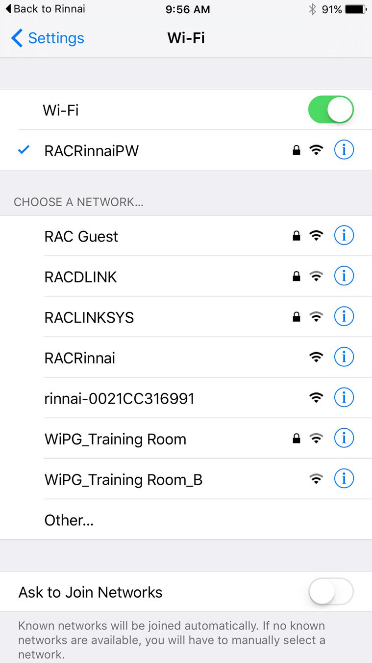 8 IOS: If using ios, the Connect To Wi-Fi button will be disabled until you access your Wi-Fi settings and select the MAC address of the Control-R module (see right). Example MAC address.