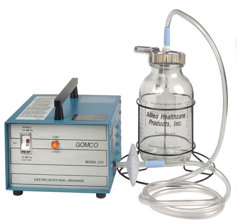 Tabletop Portable Model 270 01-22-0270 The Gomco 270 is a tabletop gastric drainage aspirator for hospitals, clinics and home care. It has two pre-set drainage levels - 90mm Hg and 120 mm Hg - with 0.