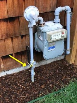 Gas Condition Meter located at South side. Main Gas shutoff is located to the lower left of the meter.