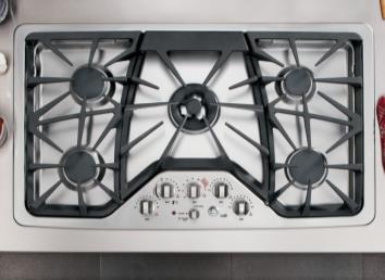 GE Cafe Series 36" Built-In Gas Cooktop Model#: CGP650SETSS Approximate Dimensions (HxWxD) 3 1/4 in x 36 in x 21 in Deep-Recessed Cooktop Sealed cooktop burners 20,000 BTU Tri-Ring Burner Integrated