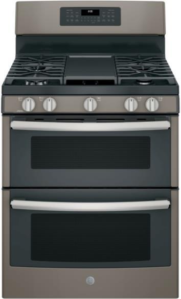 oven capacity Edge-to-edge cooktop Extra-large integrated non-stick griddle 18,000 btu power boil burner Self-clean with steam clean option GE 30" Free-Standing Gas Double Oven Convection