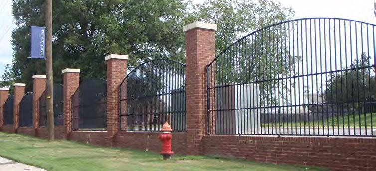 boundaries Galvanized steel and powder coated black Chain link fence Used minimally, not along campus boundaries or