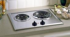 JP201CV Stainless steel 21-1/4" cooktop One 8" and one 6" plug-in heating elements Infinite heat rotary controls Removable onepiece chrome drip bowls Heating element ON