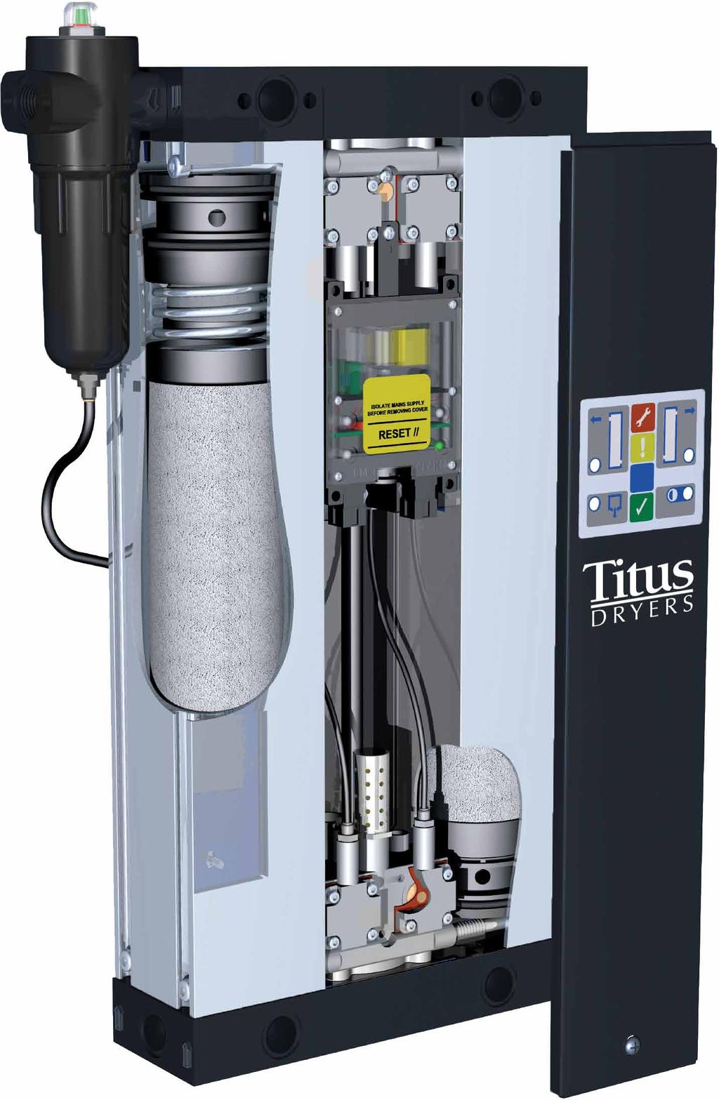 Titus Air Systems Dryer Features Suitable for worldwide installation Multi-voltage capabilities Extruded aluminium towers fully painted for corrosion protection Removable front panel allows