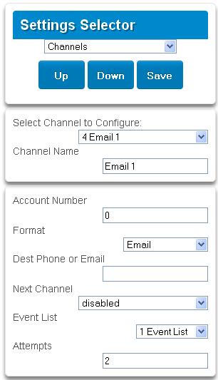 Configure Email Reporting 1. Login to Web Server or UltraSync app. Use an Installer or Master user account. 2. Press Settings. 3. Select Channels in the drop down menu. 4.