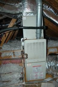 The forced air is transferred through metal ducts and floor and ceiling registers. The supply air was measured at 102 degrees in the heating mode.