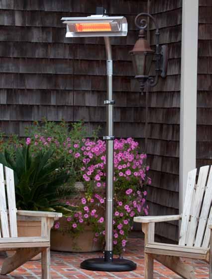 Stainless Steel Telescoping Offset Pole Mounted Infrared Patio Heater 1500 watt up to 5000 hour bulb life Weatherproof aluminium extruded body On/off toggle switch 90% energy conversion 100% heat